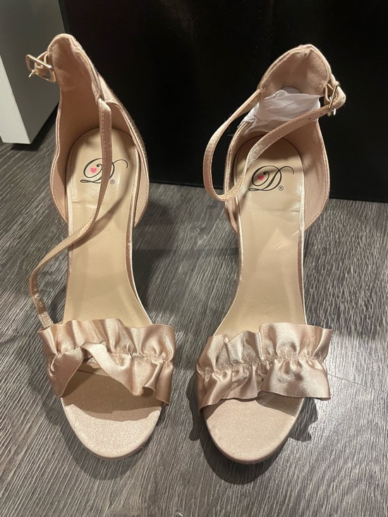 Delicious Shoes - Delicious Satin Ruffle Ankle-Strap Heels in Rose Gold